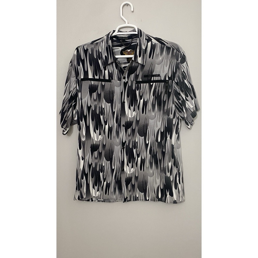 Vtg Harley Davidson Men's Large Button Up Short Sleeve Shirt Gray Flame Biker